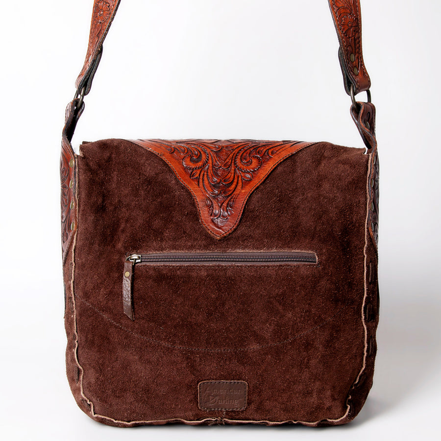 American Darling Messenger Bag, Hand Tooled Floral Carved Genuine Leather, Western Crossbody with Fringes & Turquoise Stone