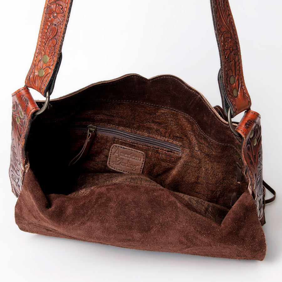 American Darling Messenger Bag, Hand Tooled Floral Carved Genuine Leather, Western Crossbody with Fringes & Turquoise Stone