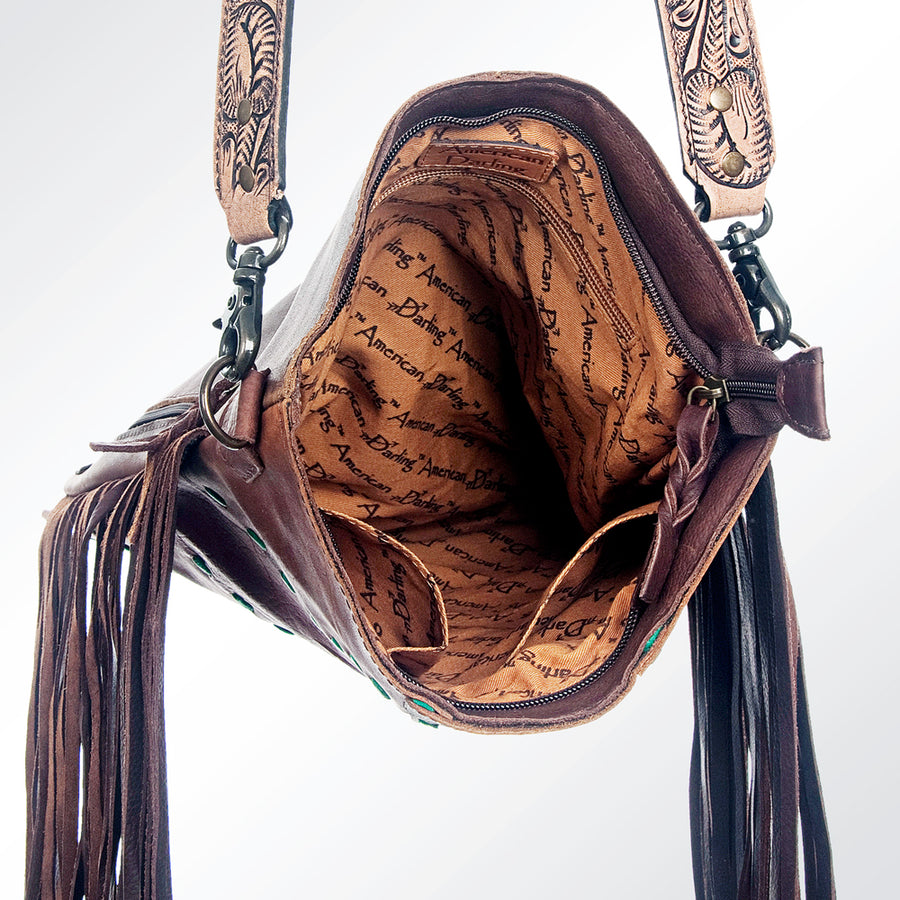 American Darling Large Cross body Bag Genuine Leather Western Purse with Fringes Buck Stitched Trim & YKK Zipper