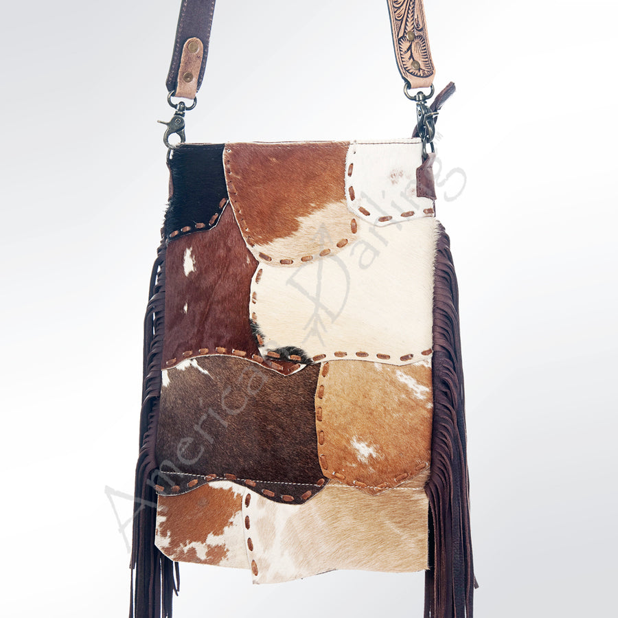 American Darling Large Cross body Bag Genuine Leather Western Purse with Fringes Buck Stitched Trim & YKK Zipper