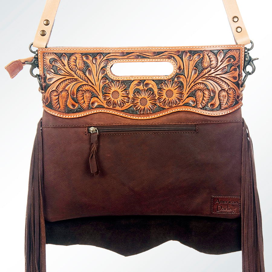 American Darling Clutch Bag Hand Tooled Floral Carved Cowhide Genuine Leather Western Bag with Fringes & YKK Zipper