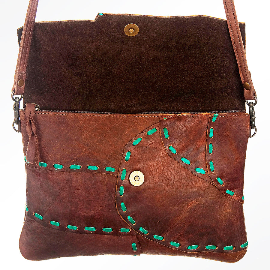 American Darling Envelope Bag Genuine Leather Western Purse with Turquoise Concho Buck Stitched Trim & YKK Zipper