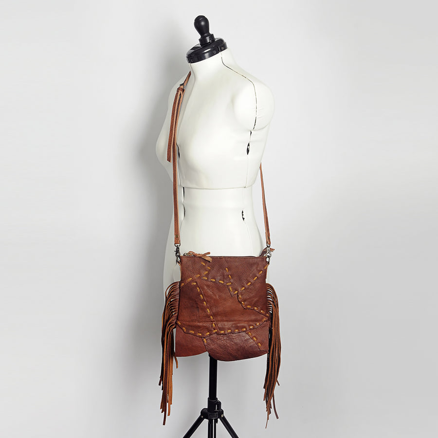 American Darling Cross body Bag Genuine Leather Western Purse with Fringes Buck Stitched Trim and YKK Zipper