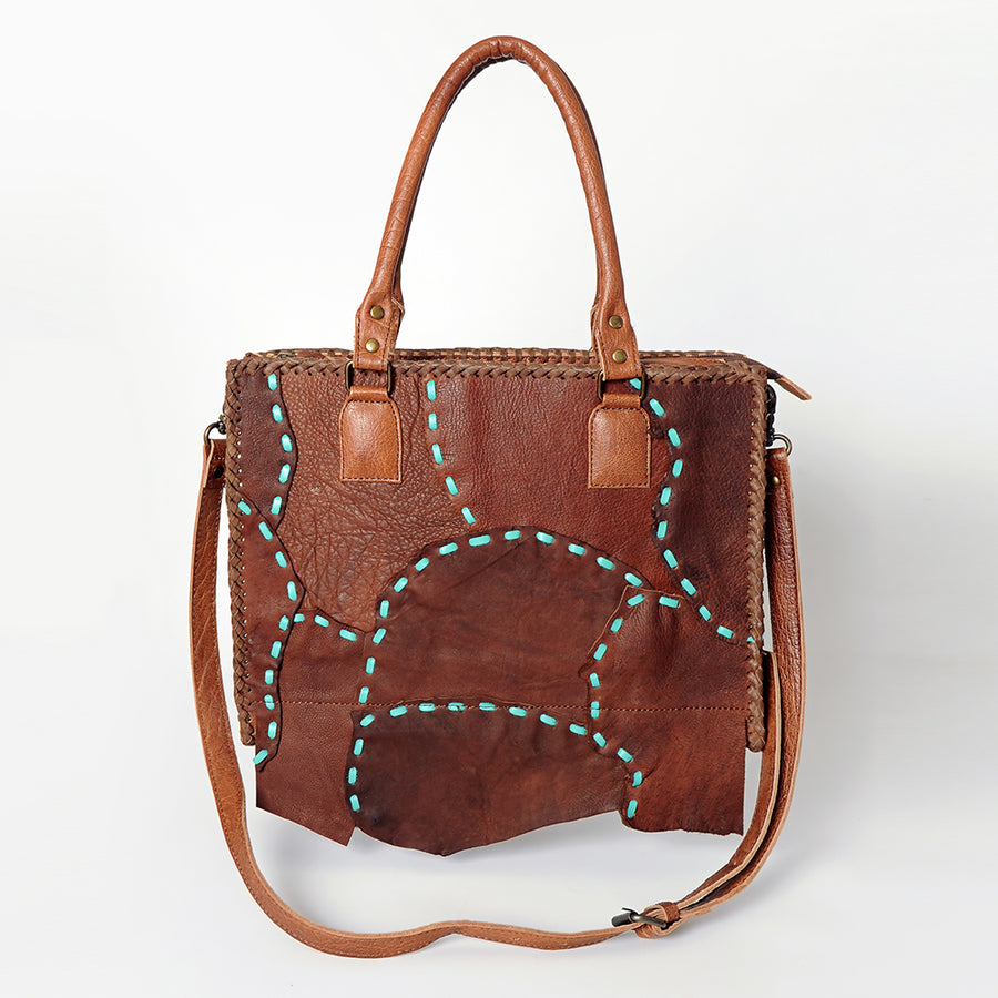American Darling Tote Bag Genuine Leather Western Purse with Buck Stitched Patchwork Braided Trim and YKK Zipper