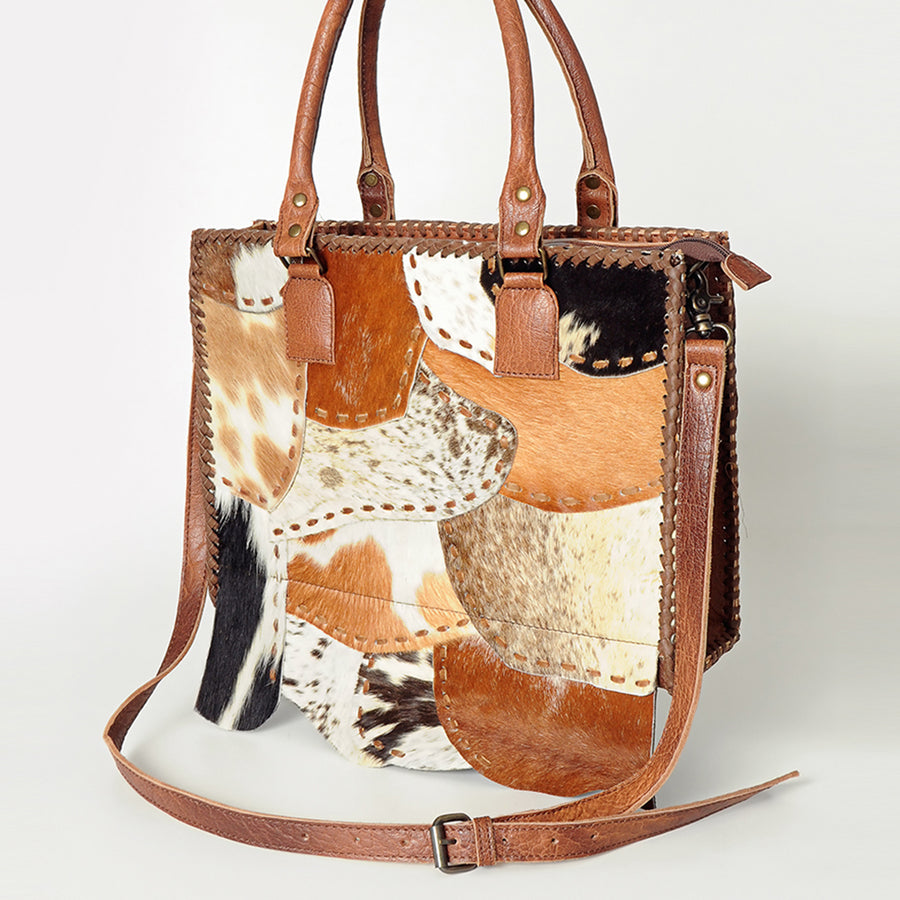 American Darling Tote Bag Genuine Leather Western Purse with Buck Stitched Patchwork Braided Trim and YKK Zipper
