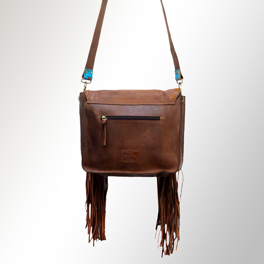 American Darling Cross body Bag Hand Tooled Floral Leather Fringed Western Purse 12in x 12in