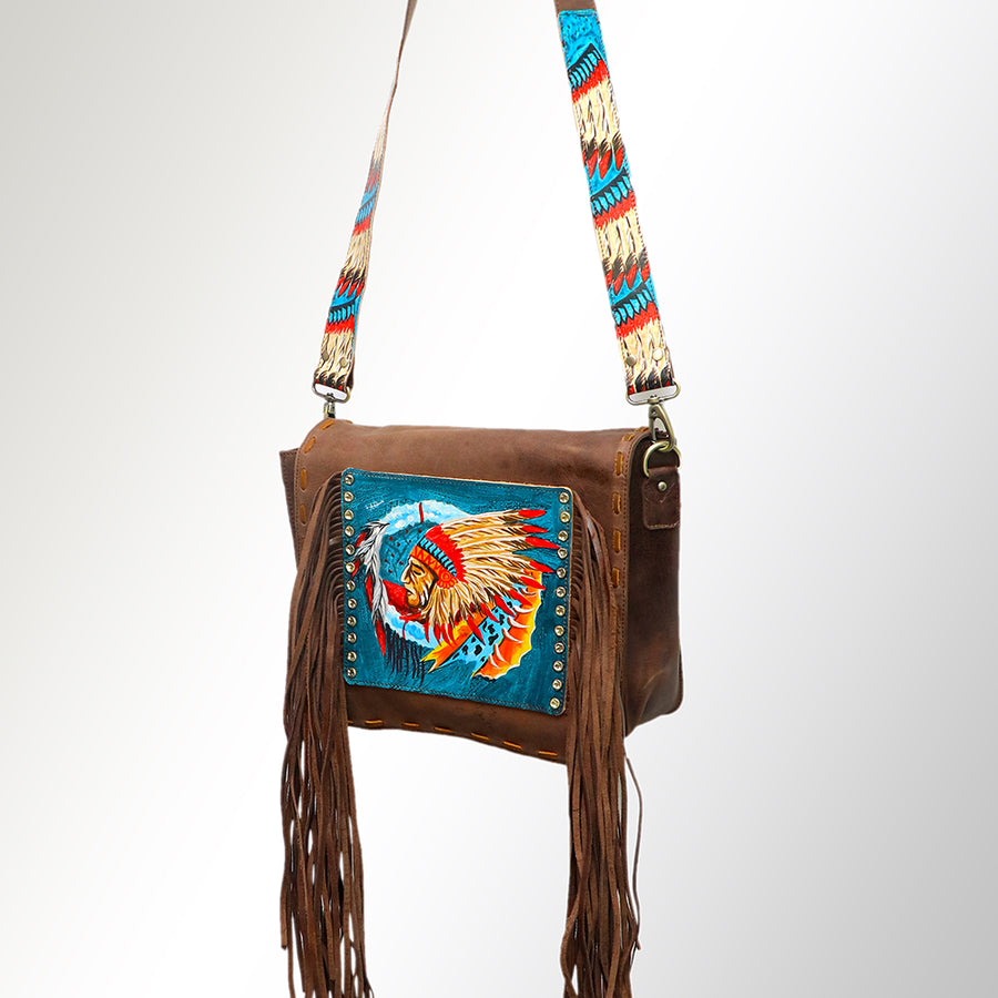 American Darling Hand Tooled Cross body Bag - Fringed Western Leather Purse - Uhorse