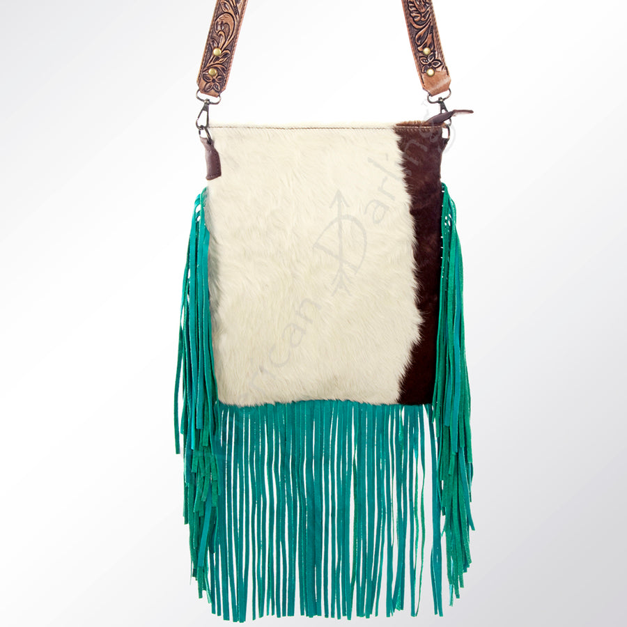 American Darling Large Cross body Bag, Hand Tooled Floral Carved Strap Vegetable-Tanned Leather, Hair-On Cowhide Western Fringed Bag