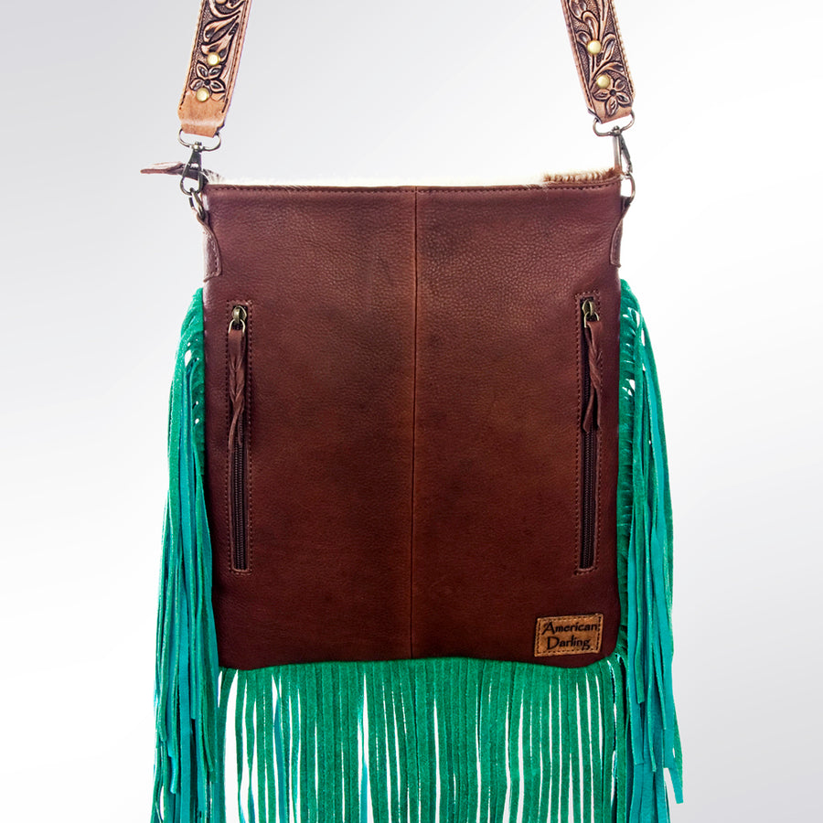 American Darling Large Cross body Bag, Hand Tooled Floral Carved Strap Vegetable-Tanned Leather, Hair-On Cowhide Western Fringed Bag