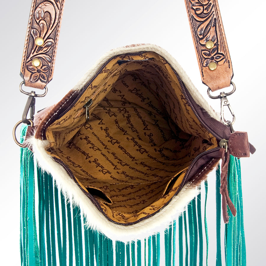 American Darling Large Cross body Bag, Hand Tooled Floral Carved Strap Vegetable-Tanned Leather, Hair-On Cowhide Western Fringed Bag
