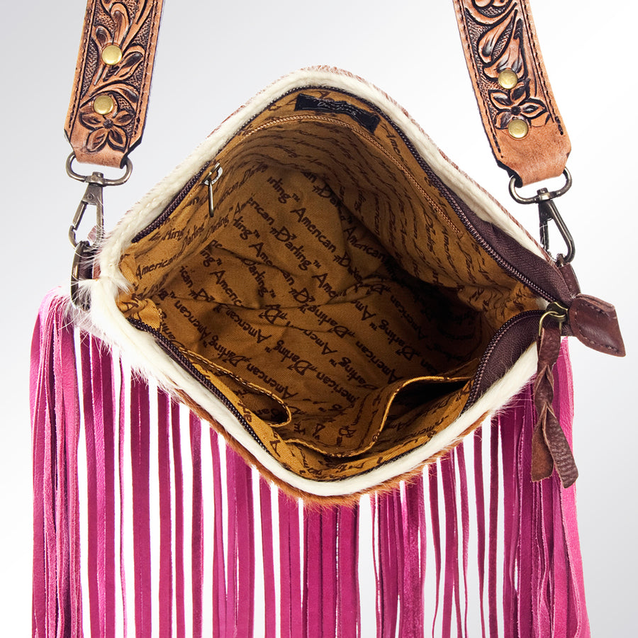 American Darling Large Cross body Bag, Hand Tooled Floral Carved Strap Vegetable-Tanned Leather, Hair-On Cowhide Western Fringed Bag