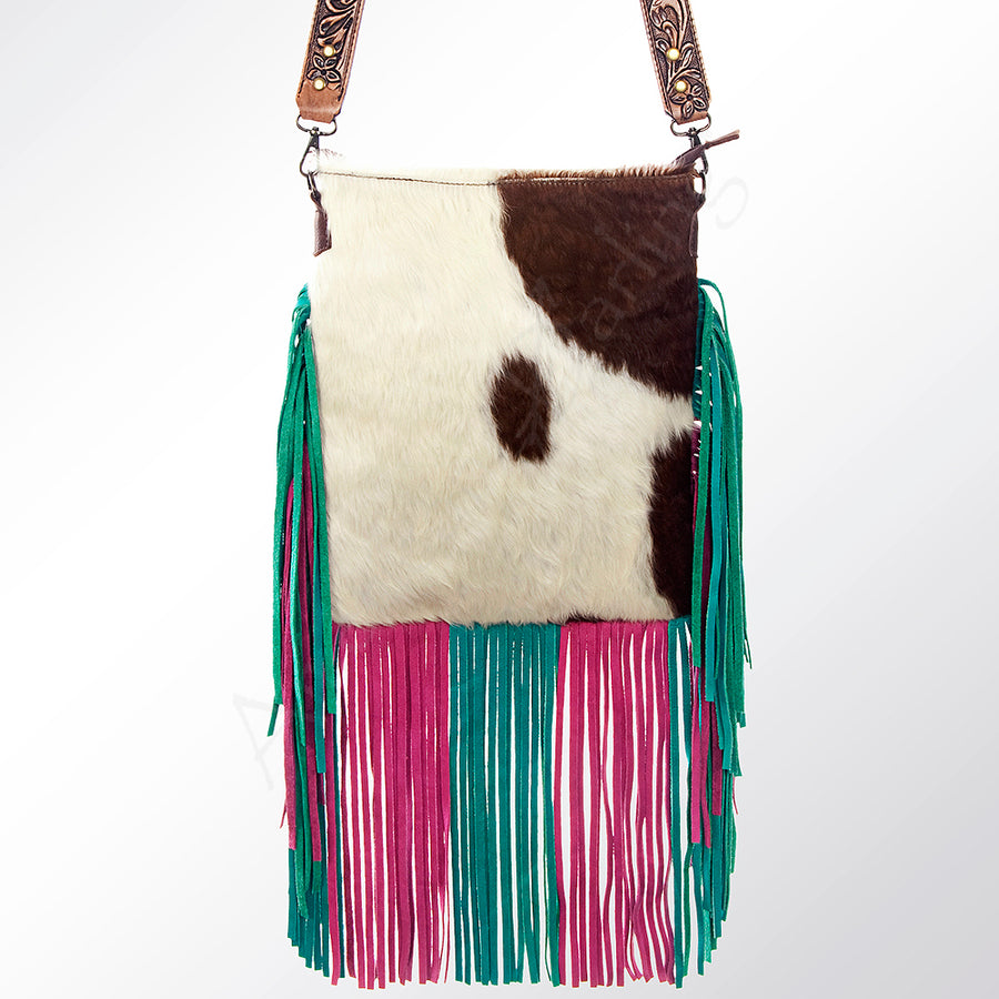 American Darling Large Cross body Bag, Hand Tooled Floral Carved Strap Vegetable-Tanned Leather, Hair-On Cowhide Western Fringed Bag