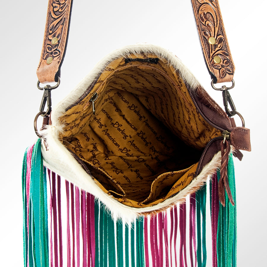 American Darling Large Cross body Bag, Hand Tooled Floral Carved Strap Vegetable-Tanned Leather, Hair-On Cowhide Western Fringed Bag