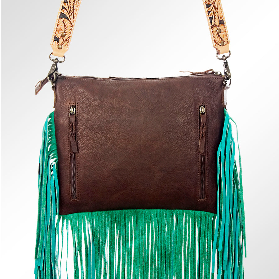 American Darling Cross body Bag Hand Tooled Floral Carved Cowhide Genuine Leather Western Purse with Fringes & YKK Zipper