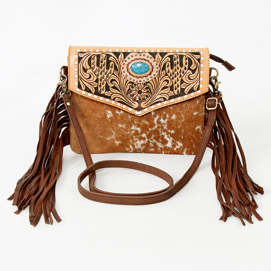 American Darling Western Envelope Bag, Hand Tooled Floral Leather & Hair-On Cowhide Crossbody with Fringes, 8in (H) X 11in (W)