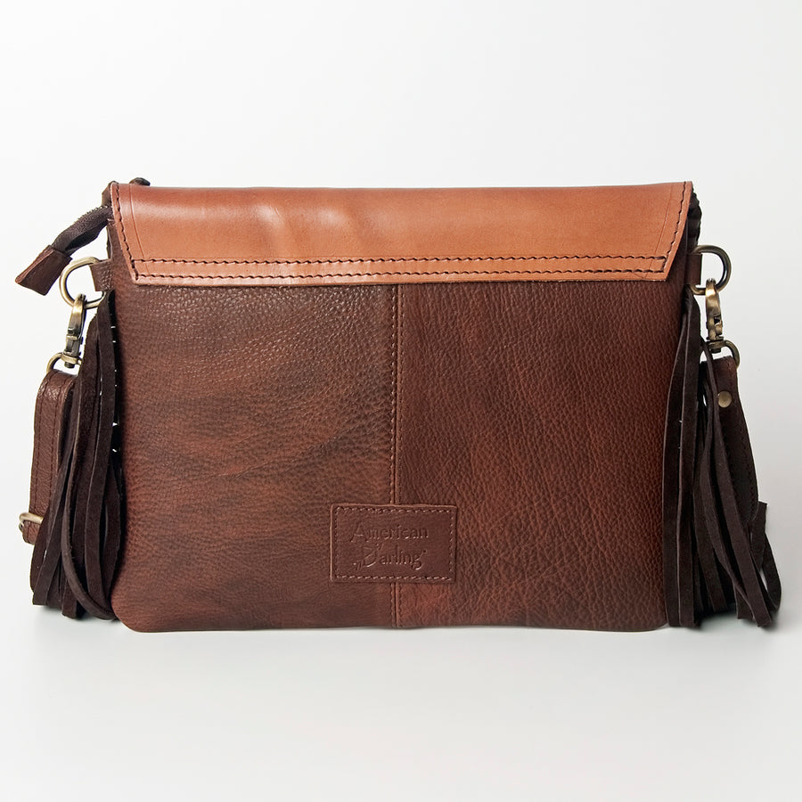 American Darling Western Envelope Bag, Hand Tooled Floral Leather Crossbody with Turquoise Concho & Fringes, 8in (H) X 11in (W)