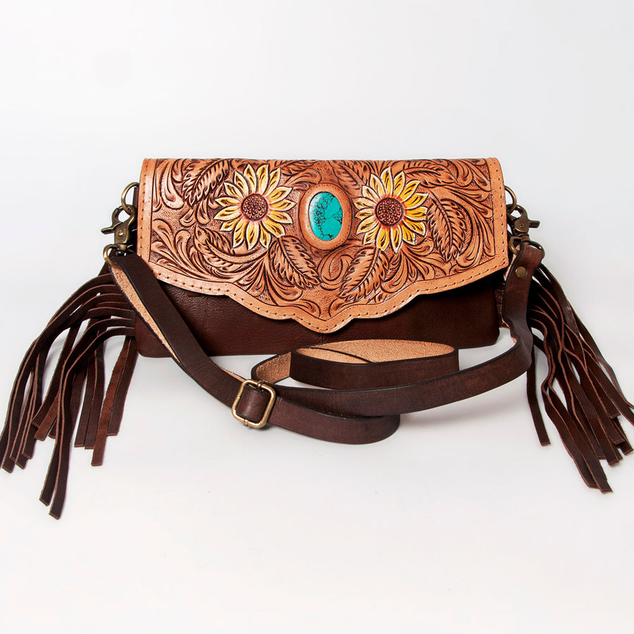 American Darling Wallet, Hand Tooled Floral Leather Crossbody Purse with Fringe, Turquoise Stone and YKK Zipper