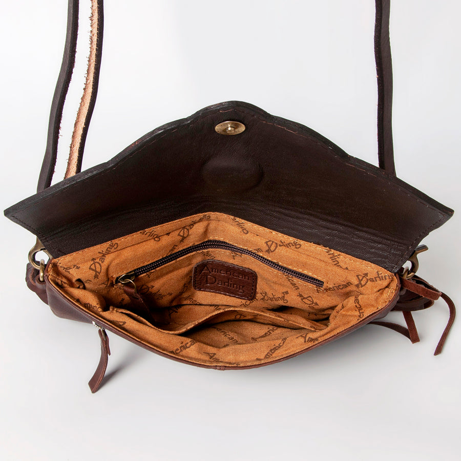 American Darling Wallet, Hand Tooled Floral Leather Crossbody Purse with Fringe, Turquoise Stone and YKK Zipper