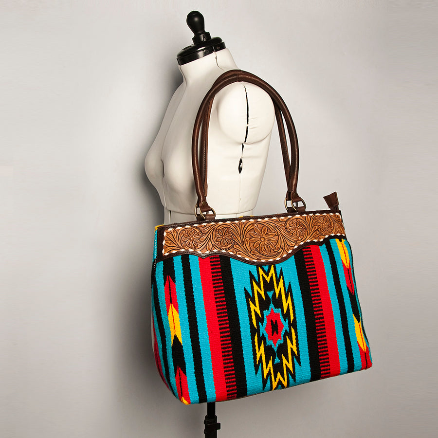 American Darling Handcrafted Floral Tooled Genuine Leather & Woven Saddle Blanket Tote Bag with YKK Zipper & Buck Stitching