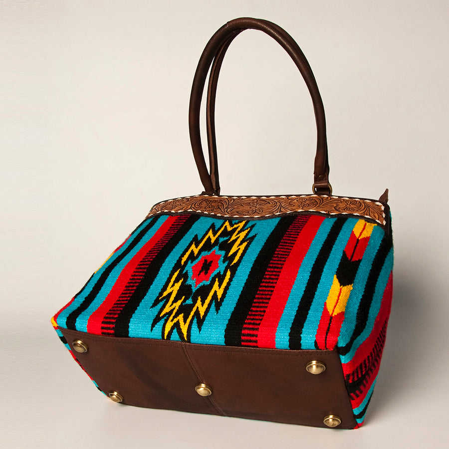 American Darling Handcrafted Floral Tooled Genuine Leather & Woven Saddle Blanket Tote Bag with YKK Zipper & Buck Stitching
