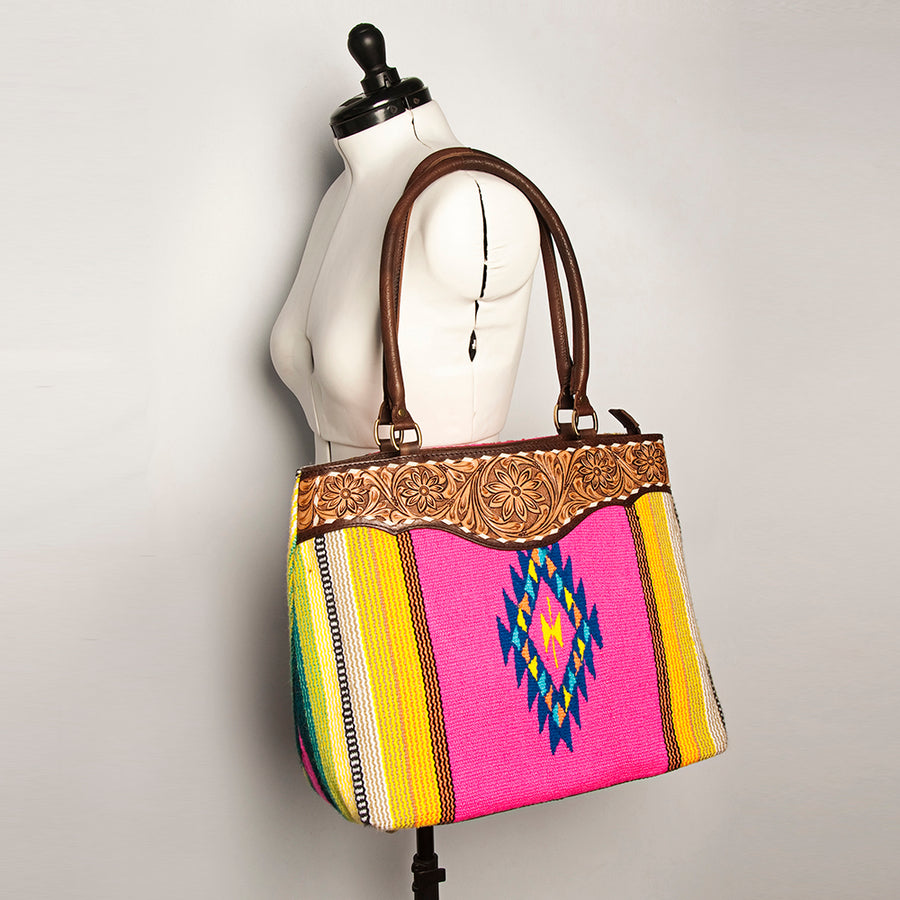 American Darling Handcrafted Floral Tooled Genuine Leather & Woven Saddle Blanket Tote Bag with YKK Zipper & Buck Stitching