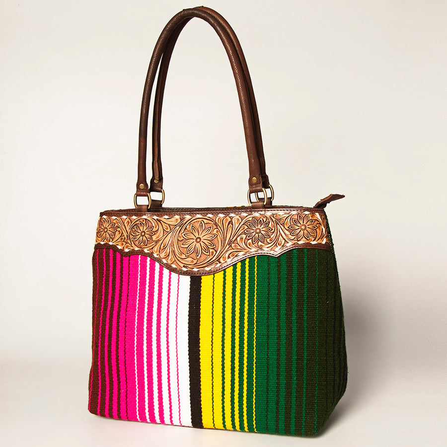 American Darling Floral Tooled Leather and Woven Saddle Blanket Tote Bag - Uhorse