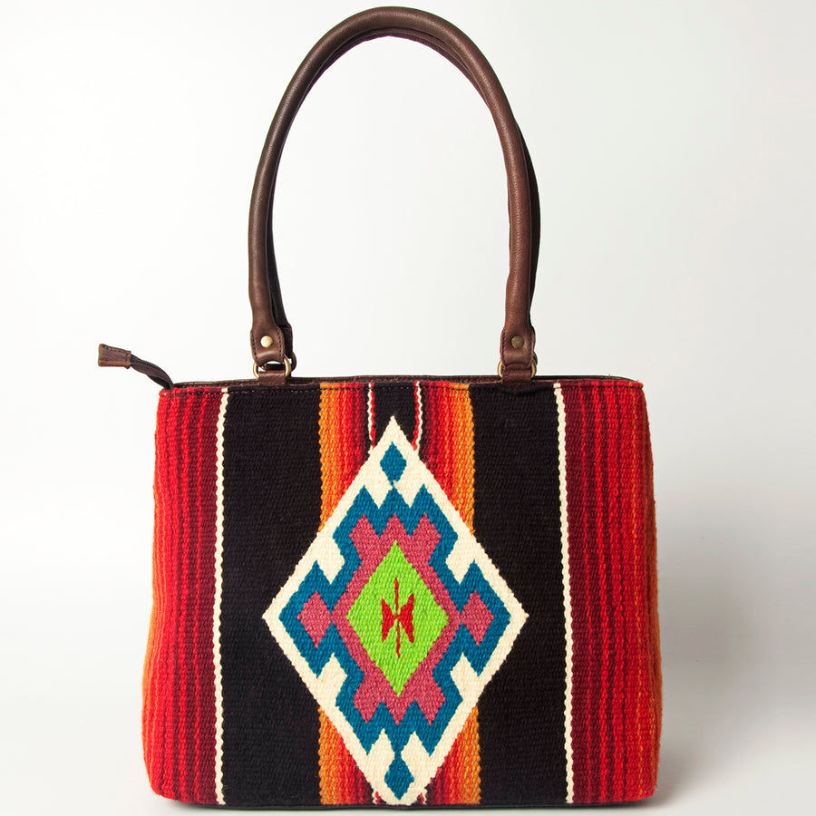 American Darling Handcrafted Floral Tooled Genuine Leather & Woven Saddle Blanket Tote Bag with YKK Zipper & Buck Stitching