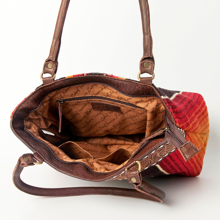 American Darling Handcrafted Floral Tooled Genuine Leather & Woven Saddle Blanket Tote Bag with YKK Zipper & Buck Stitching