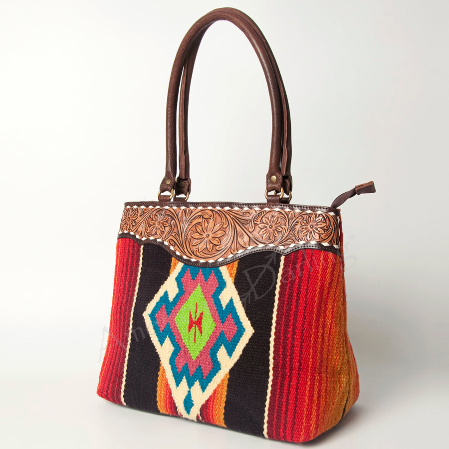 American Darling Floral Tooled Leather and Woven Saddle Blanket Tote Bag - Uhorse