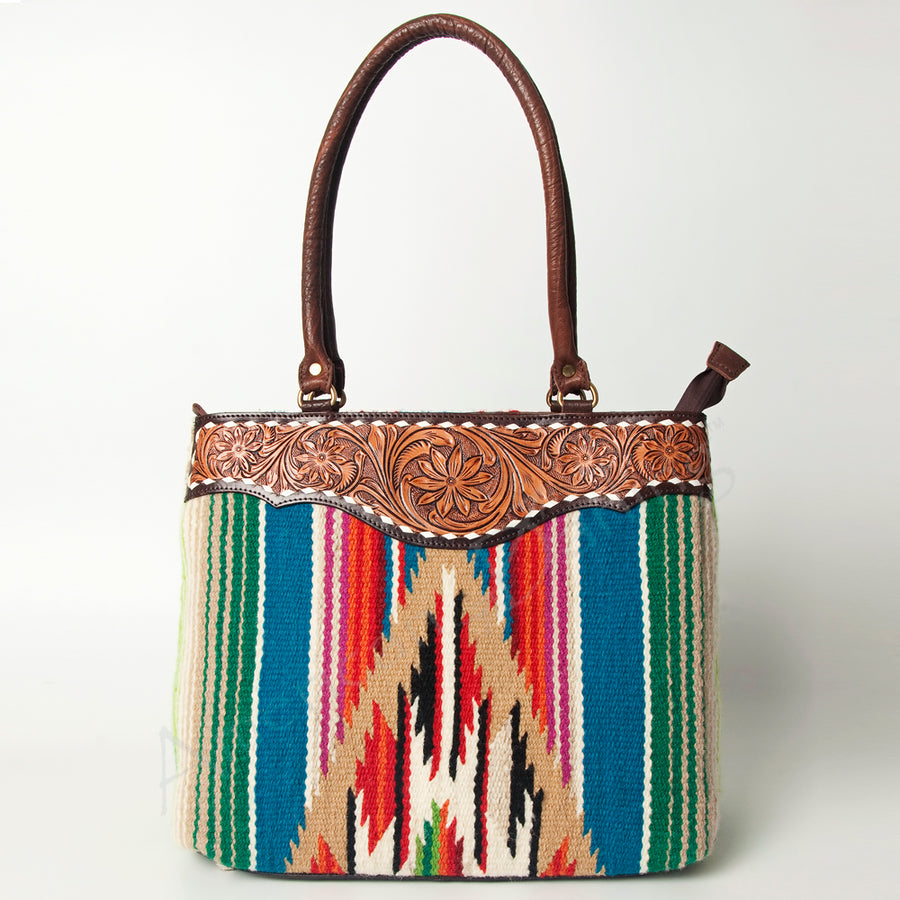 American Darling Handcrafted Floral Tooled Genuine Leather & Woven Saddle Blanket Tote Bag with YKK Zipper & Buck Stitching