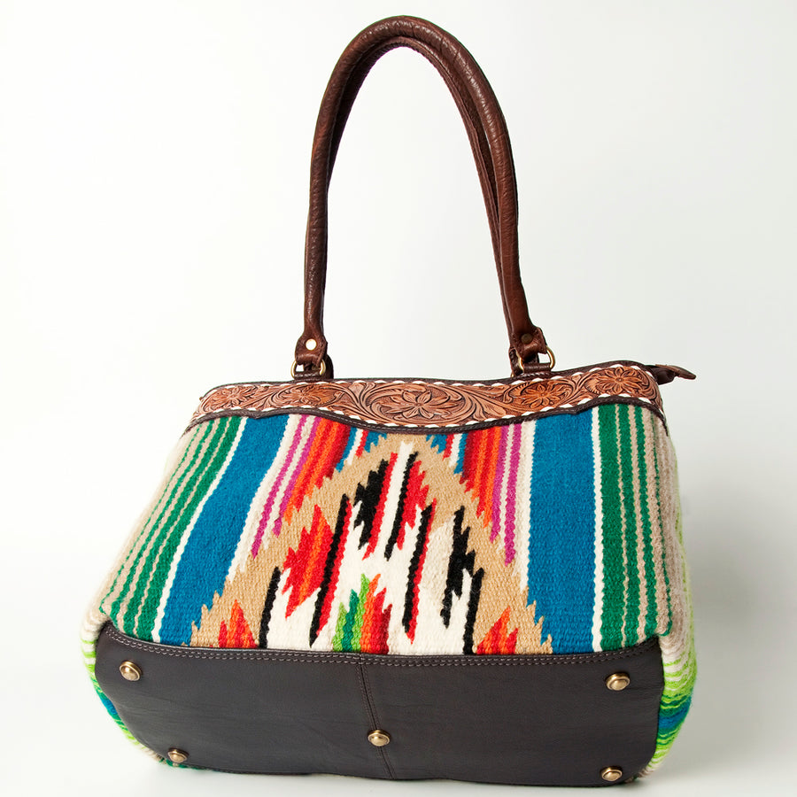 American Darling Handcrafted Floral Tooled Genuine Leather & Woven Saddle Blanket Tote Bag with YKK Zipper & Buck Stitching