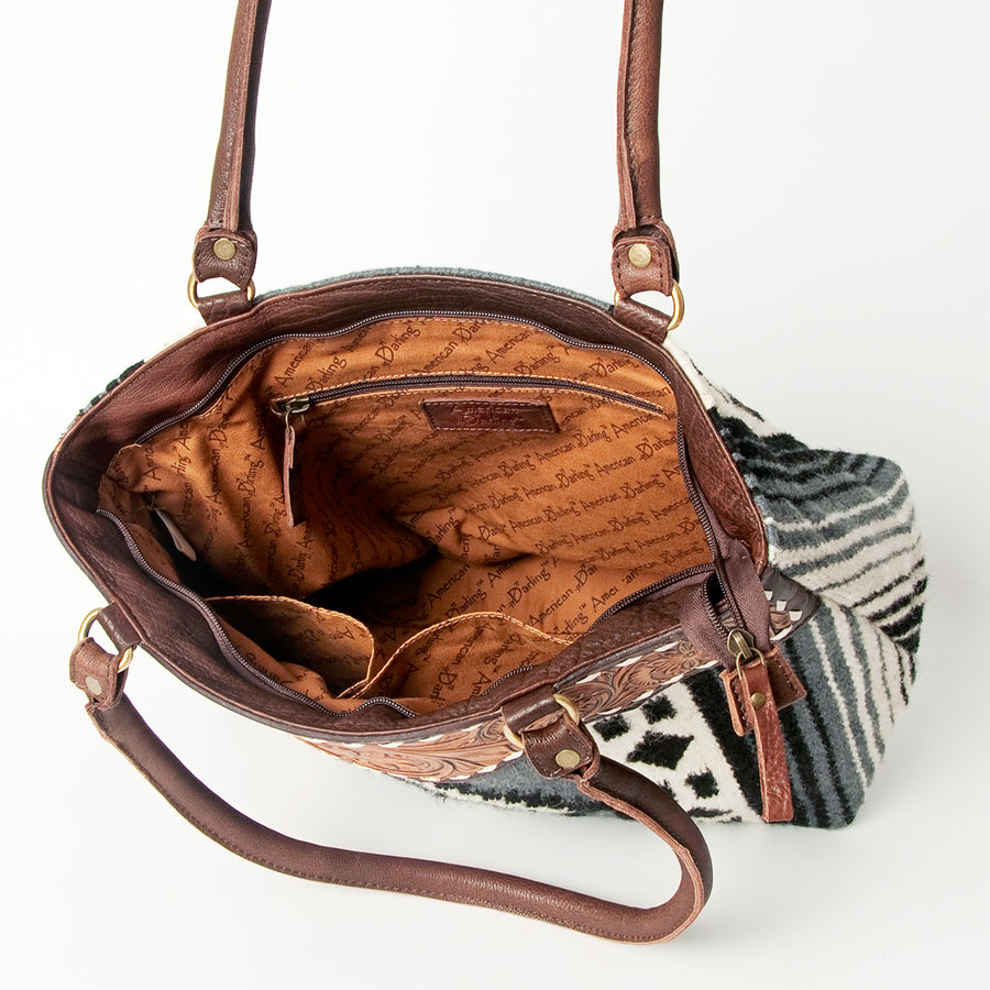 American Darling Handcrafted Floral Tooled Genuine Leather & Woven Saddle Blanket Tote Bag with YKK Zipper & Buck Stitching