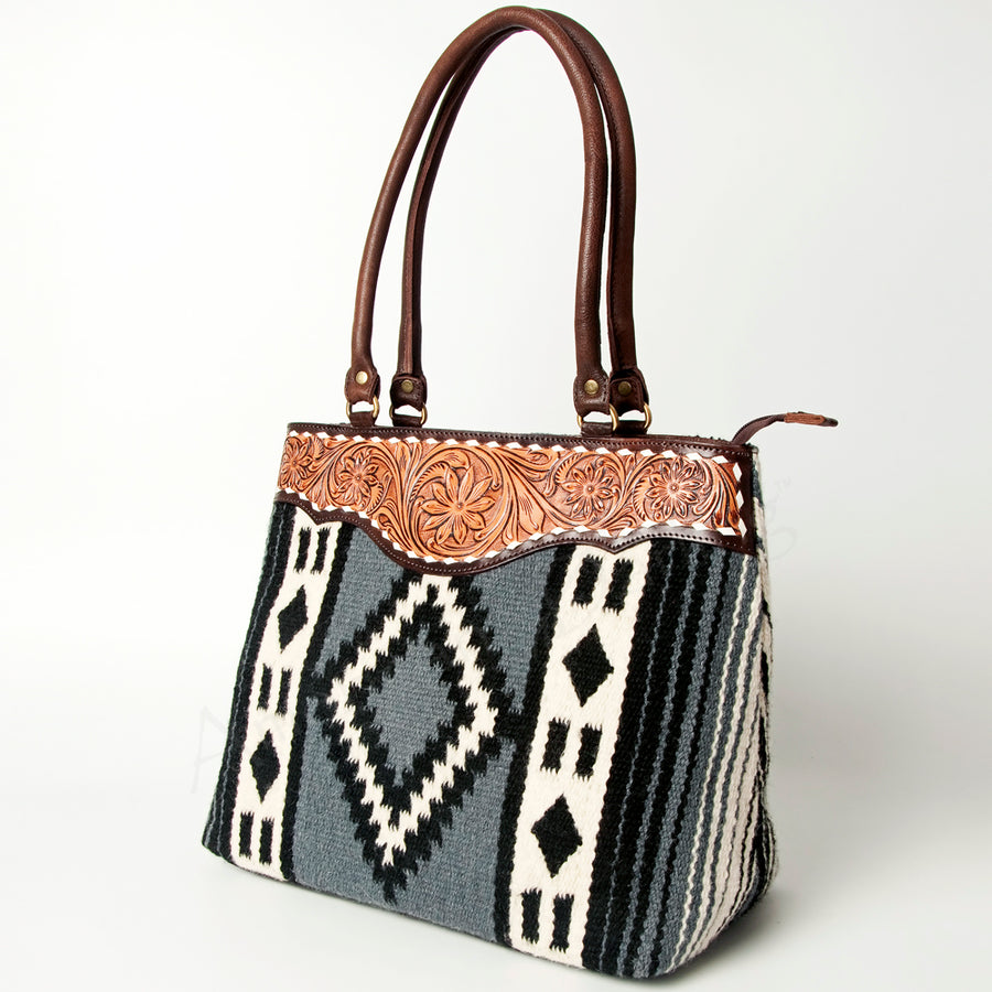 American Darling Floral Tooled Leather and Woven Saddle Blanket Tote Bag - Uhorse