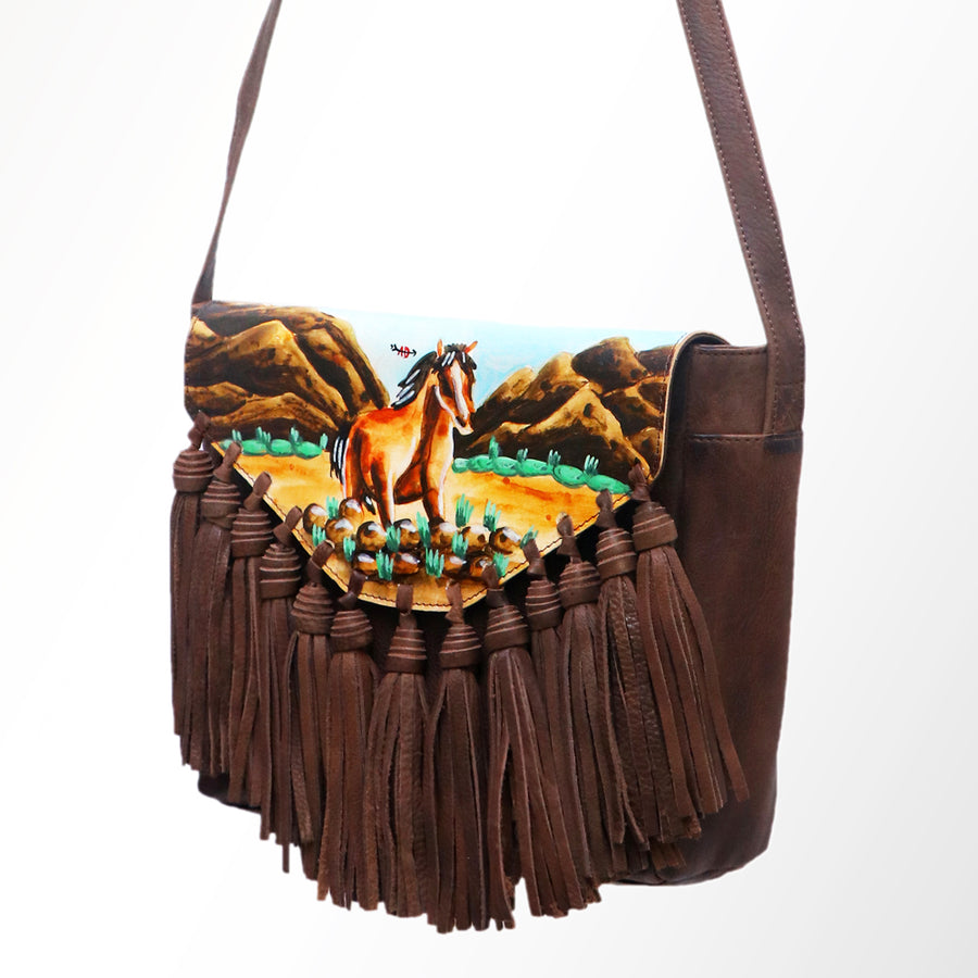American Darling Hand-Painted Western Leather Cross body Bag with Tassels - Uhorse