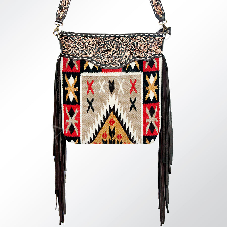American Darling Cross body Bag Hand Woven Saddle Blanket Floral Tooled Genuine Leather with Fringes Western Purse
