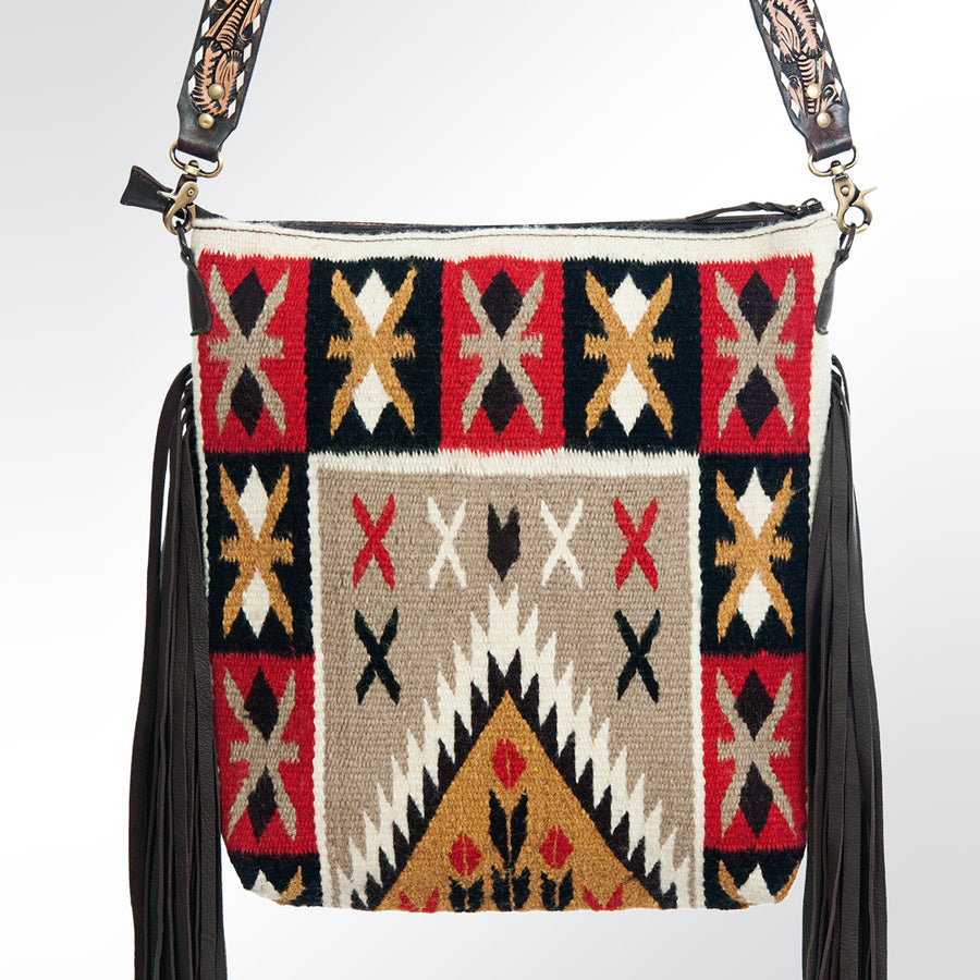 American Darling Cross body Bag Hand Woven Saddle Blanket Floral Tooled Genuine Leather with Fringes Western Purse