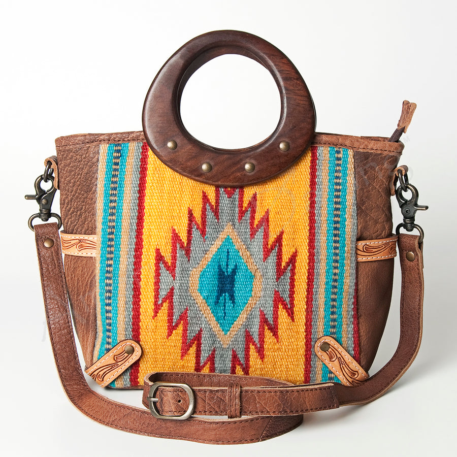 American Darling Tote Bag Hand Woven Saddle Blanket Genuine Leather Western Purse with Hand Tooled Trim & YKK Zipper