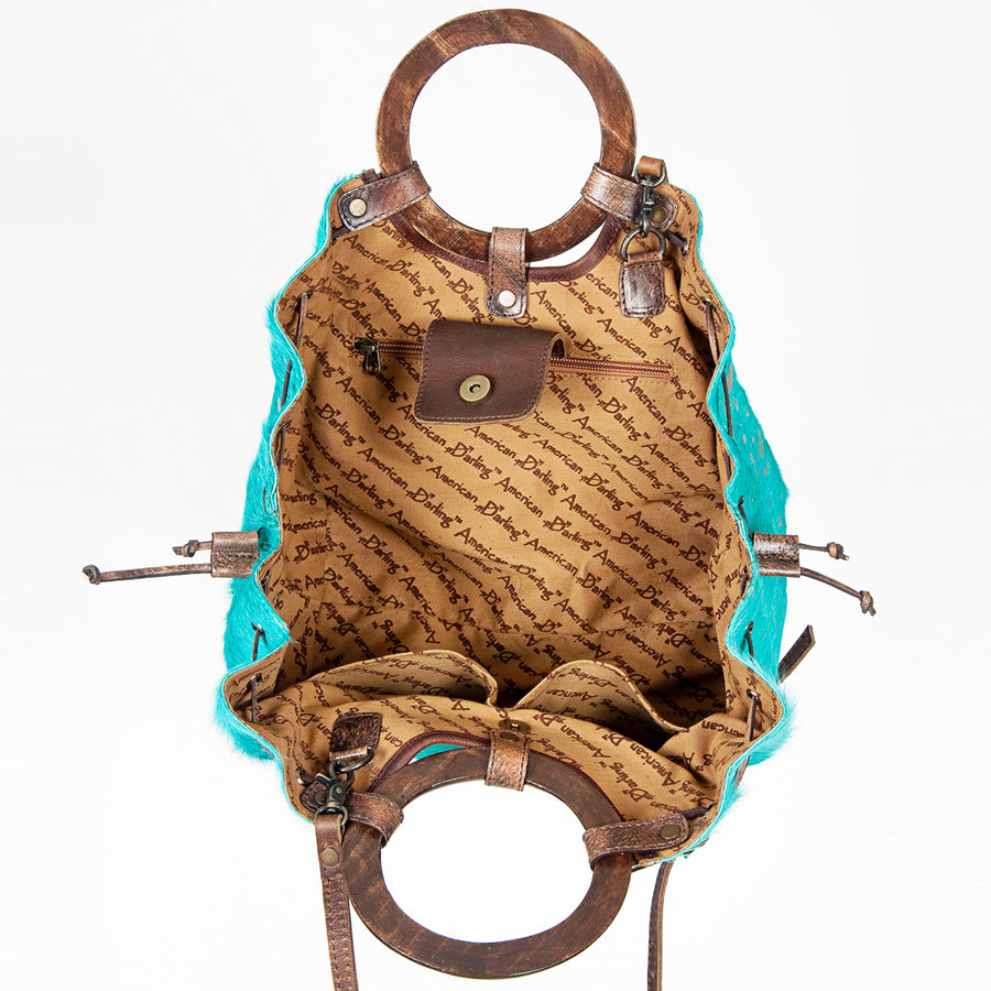American Darling Tote Bag Hair-On Cowhide Genuine Leather Western Purse with Drawstring and Circular Wooden Handles