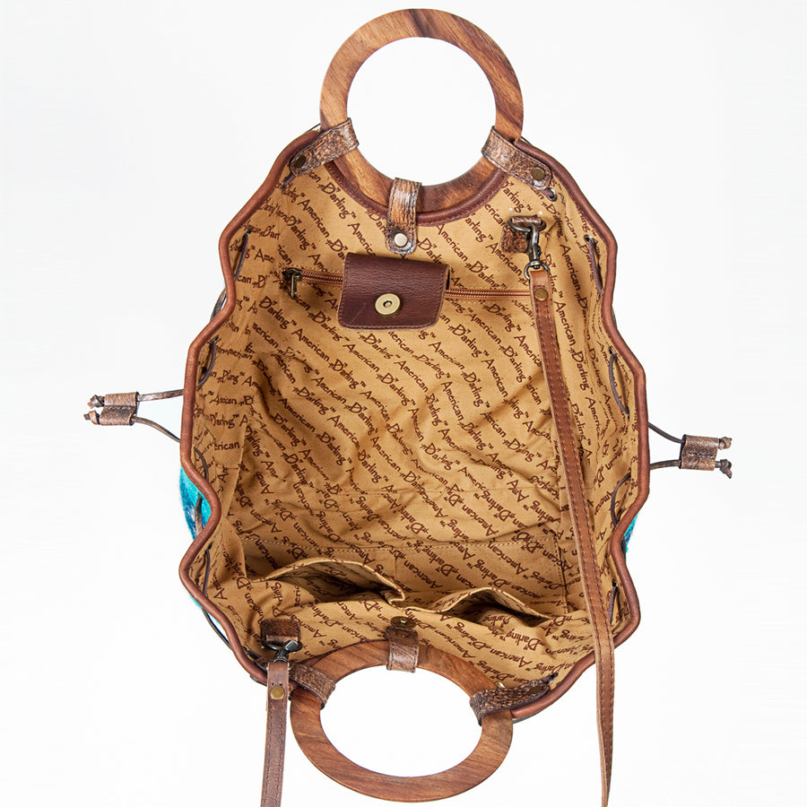 American Darling Tote Bag Hair-On Cowhide Genuine Leather Western Purse with Drawstring and Circular Wooden Handles