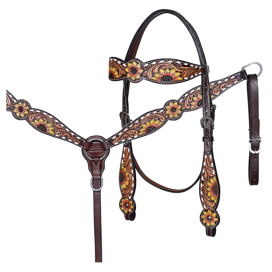 Hilason Western Horse Sunflower American Leather Headstall Breast Collar Set - Uhorse