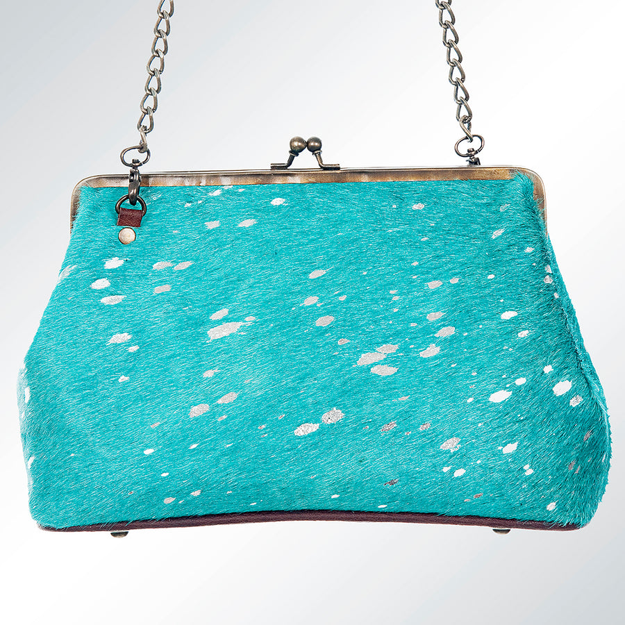 American Darling Clutch Bag Hair-On Cowhide Genuine Leather Western Pouch with Vintage Frame and Chain Strap