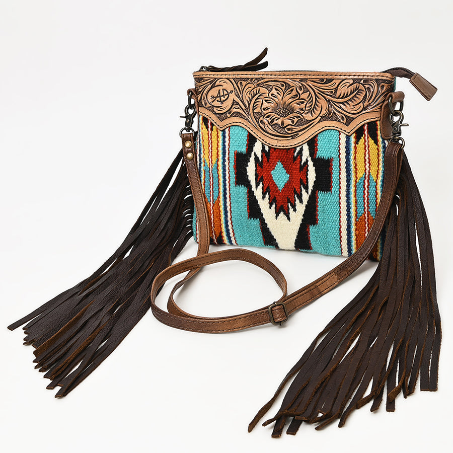 American Darling Hand-Tooled Floral Cross body Bag with Woven Saddle Blanket and Fringes - Uhorse