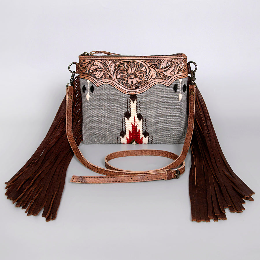 American Darling Western Cross body Bag Hand Tooled Floral Leather & Hand Woven Saddle Blanket with Fringes