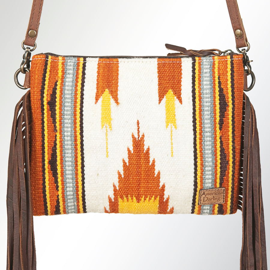 American Darling Western Cross body Bag Hand Tooled Floral Leather & Hand Woven Saddle Blanket with Fringes