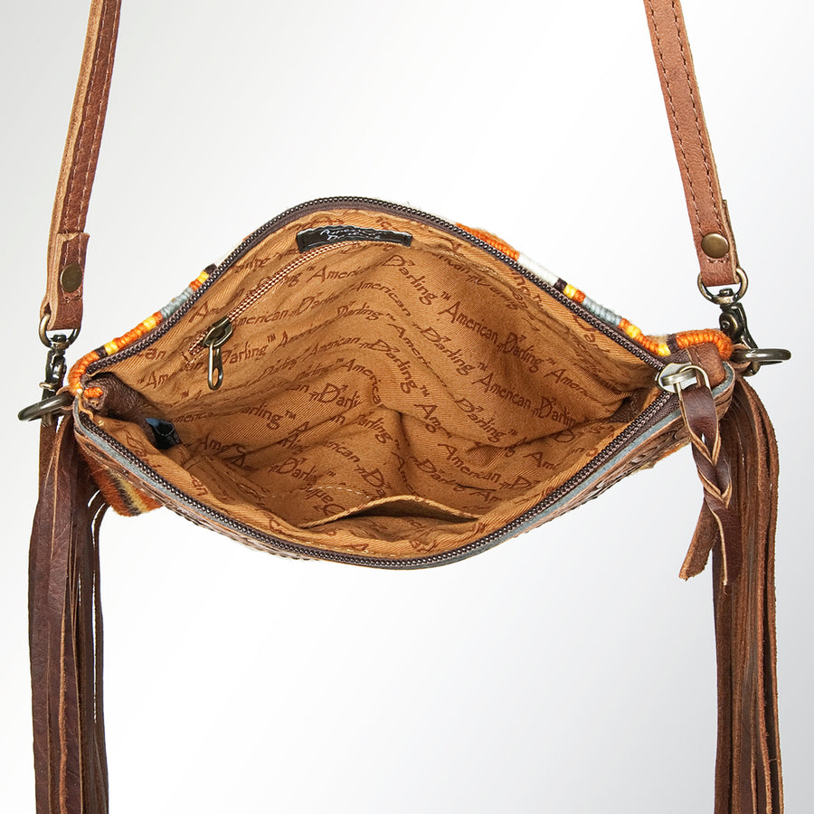 American Darling Western Cross body Bag Hand Tooled Floral Leather & Hand Woven Saddle Blanket with Fringes