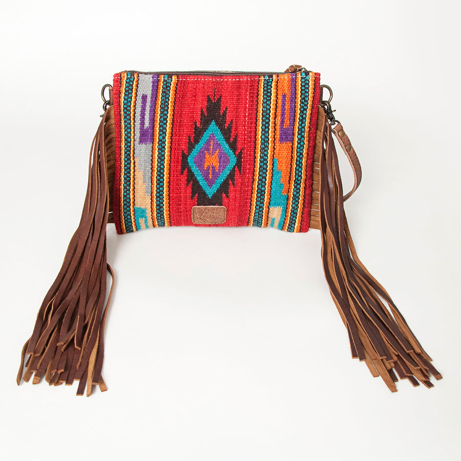 American Darling Western Cross body Bag Hand Tooled Floral Leather & Hand Woven Saddle Blanket with Fringes