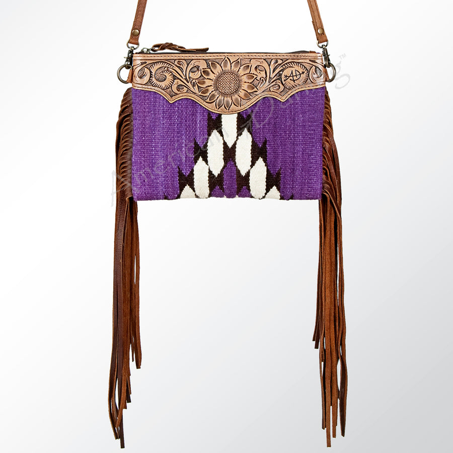 American Darling Western Cross body Bag Hand Tooled Floral Leather & Hand Woven Saddle Blanket with Fringes