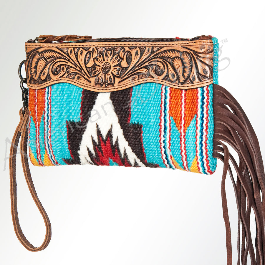 American Darling Hand Tooled Western Leather Wristlet Bag with Fringes and Woven Saddle Blanket - Uhorse