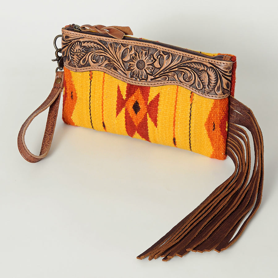 American Darling Western Leather Wristlet Bag with Hand Tooled Floral Carving and Saddle Blanket - Uhorse