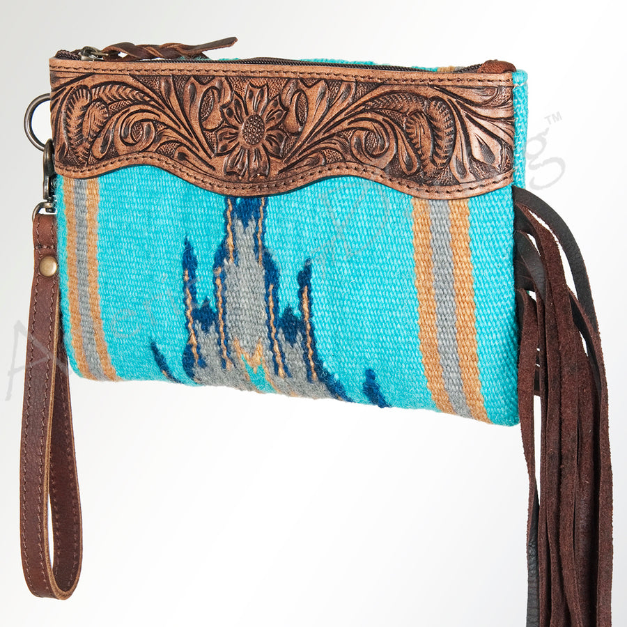 American Darling Western Leather Wristlet Bag with Hand Tooled Floral Carving and Saddle Blanket - Uhorse